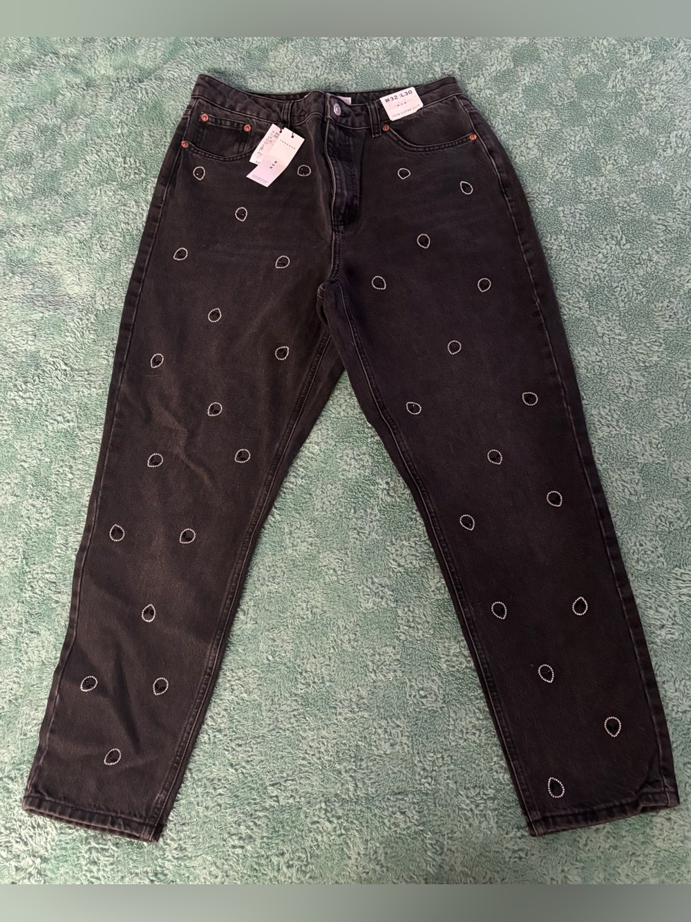 NWT Topshop High Waisted Mom Jeans with Rhinestone Aliens
